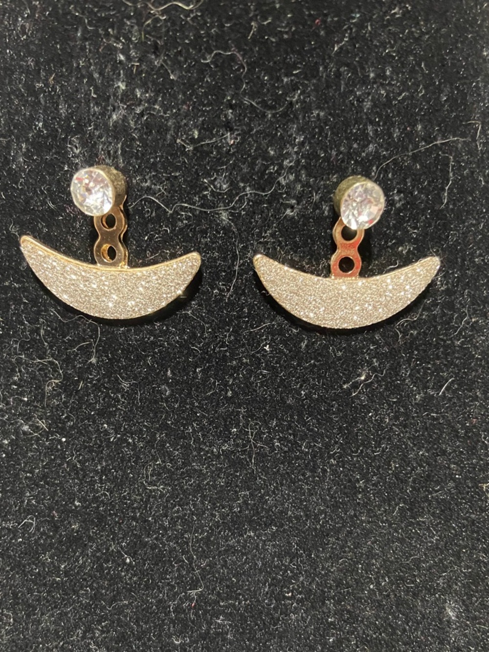 Gold Tone Crescent Drop Jacket Stud Earrings with Clear Rhinestones and Glitter